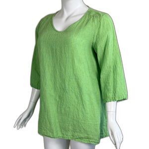 Flax Women's Size L Crepe Linen Green Blue Stripe Pullover Blouse Top Lagenlook